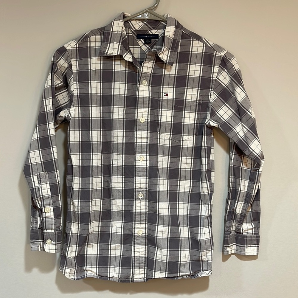 Tommy Hilfiger grey and white plaid button down shirt boys size 8-10